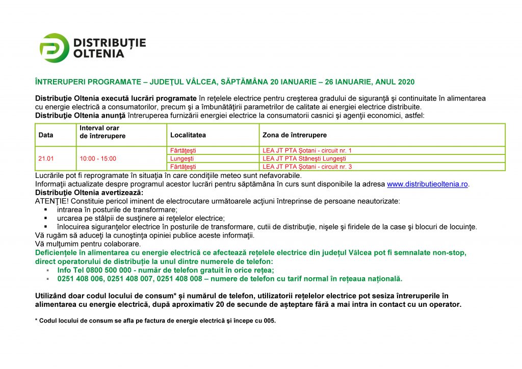 ÎNTRERUPERI PROGRAMATE JUDEȚUL VÂLCEA 21 IANUARIE 2020 Curierul